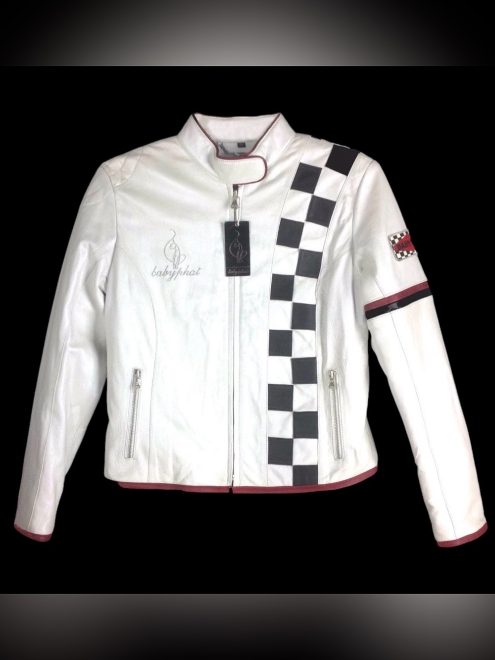 Baby Phat Leather Racing Jacket White Checkered Moto Biker Zip Up Size Large